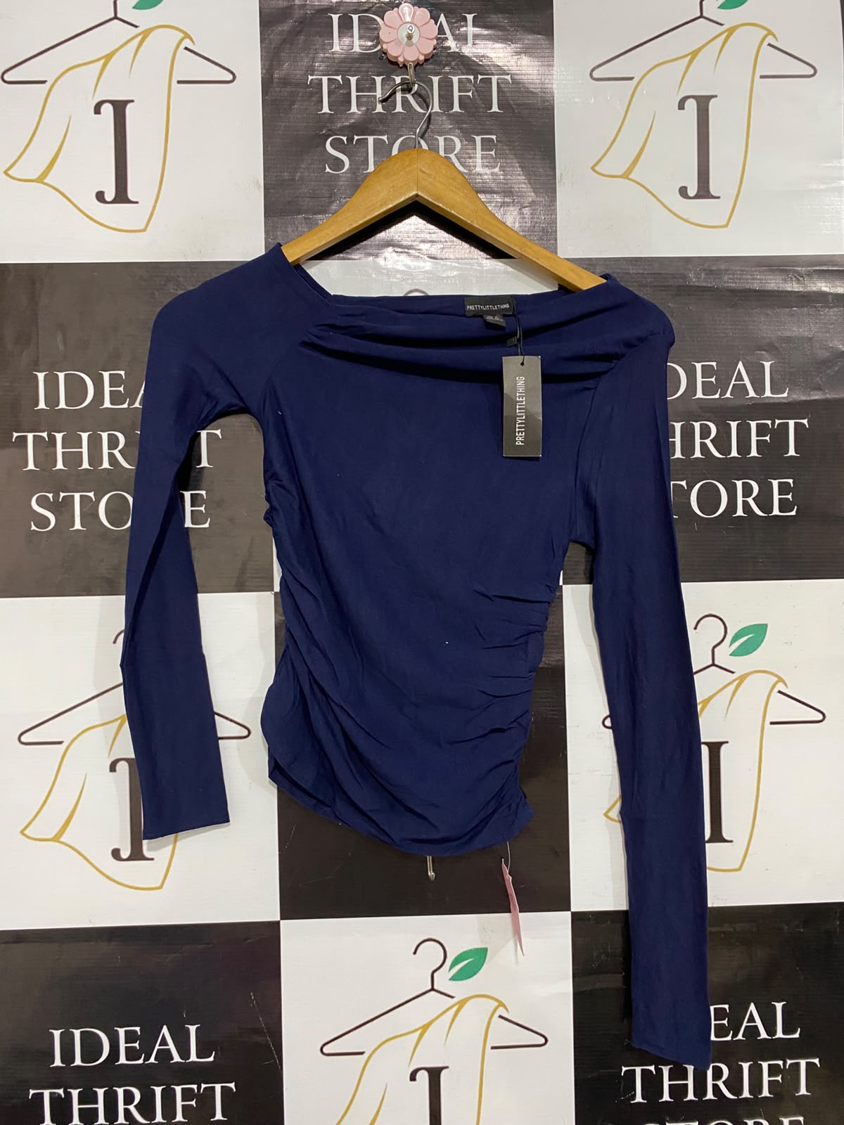PRETTYLITTLE THING |XS| BUST 12| A23| DEEP NAVY BLUE ASYMMETRIC OFF-SHOULDER RUFFLED LONG-SLEEVE TOP | CHIC BODYCON BLOUSE