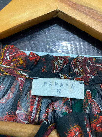 PAPAYA |M| BUST 21| A23| BOHEMIAN PAISLEY PRINT RUFFLE-TRIM LONG-SLEEVE SHEER BLOUSE | ELEGANT BUTTON-UP SHIRT