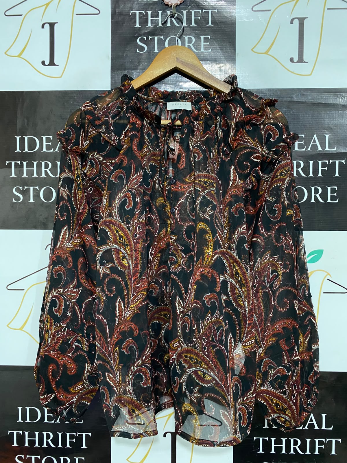PAPAYA |M| BUST 21| A23| BOHEMIAN PAISLEY PRINT RUFFLE-TRIM LONG-SLEEVE SHEER BLOUSE | ELEGANT BUTTON-UP SHIRT