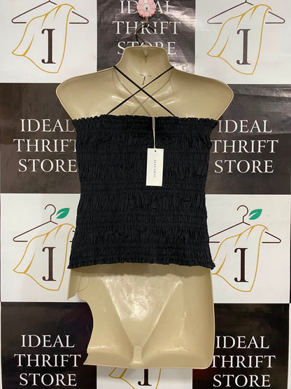 ELCE SWIM |XS| BUST 15| A23| CLASSIC BLACK SMOCKED HALTER-NECK CROSS-STRAP CROP TOP | ELEGANT SLEEVELESS TUBE BLOUSE
