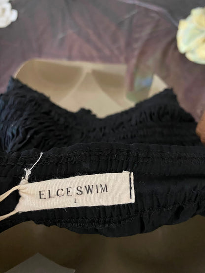 ELCE SWIM |XS| BUST 15| A23| CLASSIC BLACK SMOCKED HALTER-NECK CROSS-STRAP CROP TOP | ELEGANT SLEEVELESS TUBE BLOUSE