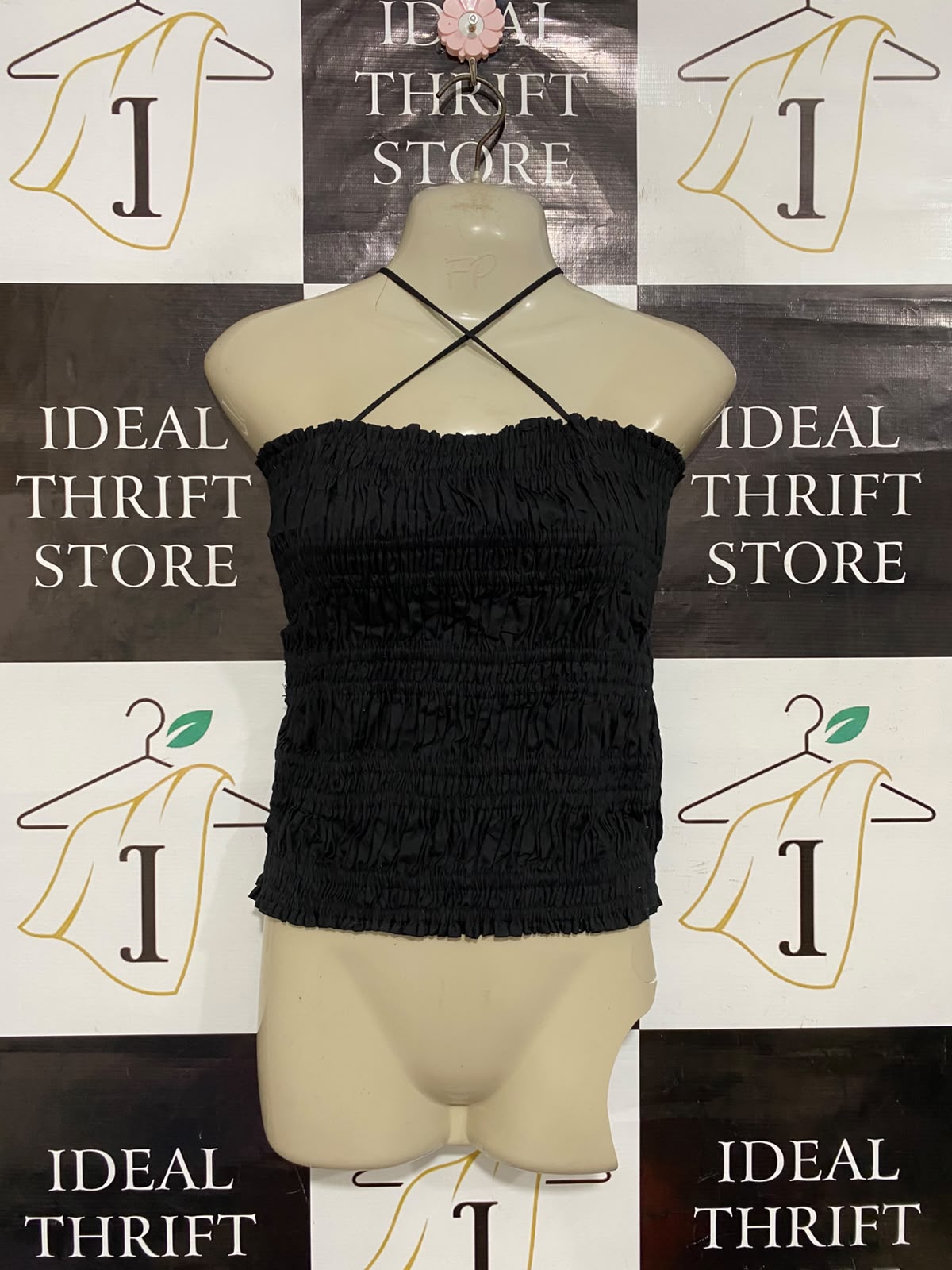 ELCE SWIM |XS| BUST 15| A23| CLASSIC BLACK SMOCKED HALTER-NECK CROSS-STRAP CROP TOP | ELEGANT SLEEVELESS TUBE BLOUSE