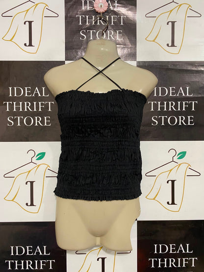 ELCE SWIM |XS| BUST 15| A23| CLASSIC BLACK SMOCKED HALTER-NECK CROSS-STRAP CROP TOP | ELEGANT SLEEVELESS TUBE BLOUSE