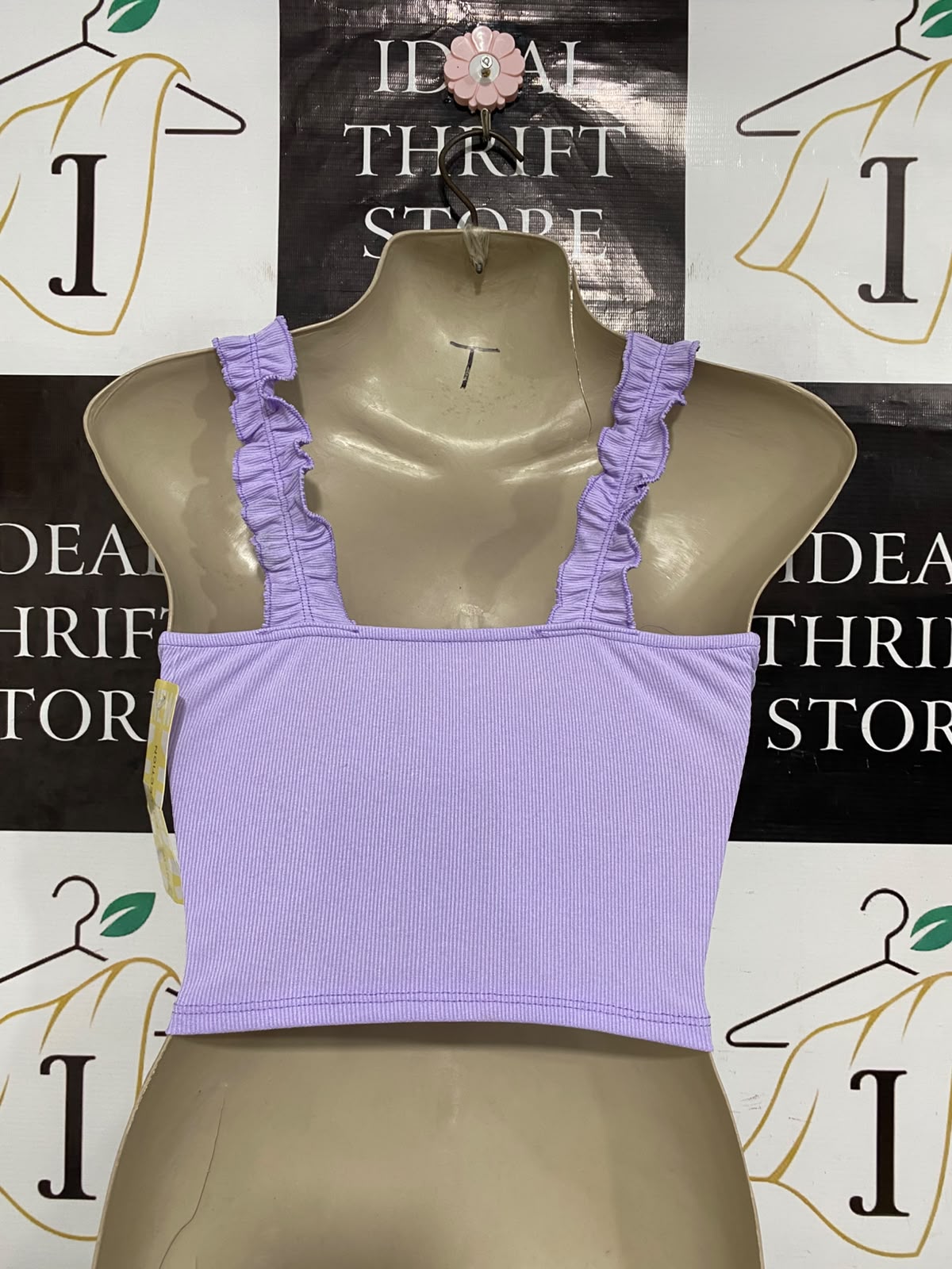 NEW COLLECTION |XS| BUST 15| A23| PASTEL LAVENDER RIBBED RUFFLE-STRAP CROP TOP | SWEET SLEEVELESS TANK BLOUSE