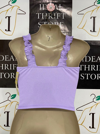 NEW COLLECTION |XS| BUST 15| A23| PASTEL LAVENDER RIBBED RUFFLE-STRAP CROP TOP | SWEET SLEEVELESS TANK BLOUSE