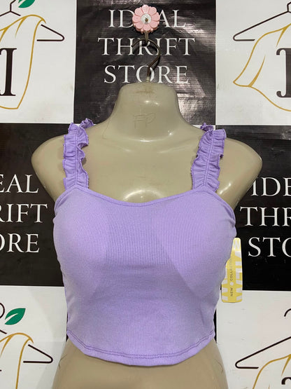 NEW COLLECTION |XS| BUST 15| A23| PASTEL LAVENDER RIBBED RUFFLE-STRAP CROP TOP | SWEET SLEEVELESS TANK BLOUSE