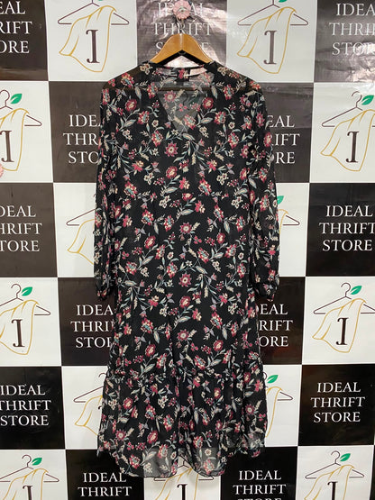 PRIMARK |L| BUST 19| A23| BLACK AND MULTICOLOR FLORAL V-NECK LONG-SLEEVE TIERED MIDI DRESS | ELEGANT BOHEMIAN DRESS