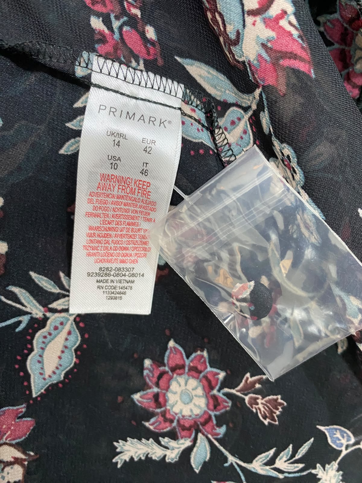 PRIMARK |L| BUST 19| A23| BLACK AND MULTICOLOR FLORAL V-NECK LONG-SLEEVE TIERED MIDI DRESS | ELEGANT BOHEMIAN DRESS