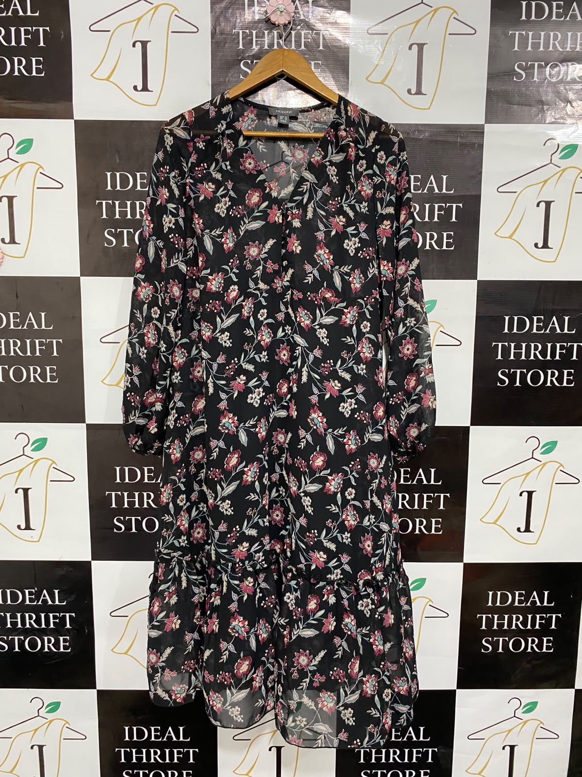 PRIMARK |L| BUST 19| A23| BLACK AND MULTICOLOR FLORAL V-NECK LONG-SLEEVE TIERED MIDI DRESS | ELEGANT BOHEMIAN DRESS