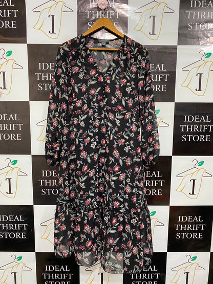 PRIMARK |L| BUST 19| A23| BLACK AND MULTICOLOR FLORAL V-NECK LONG-SLEEVE TIERED MIDI DRESS | ELEGANT BOHEMIAN DRESS