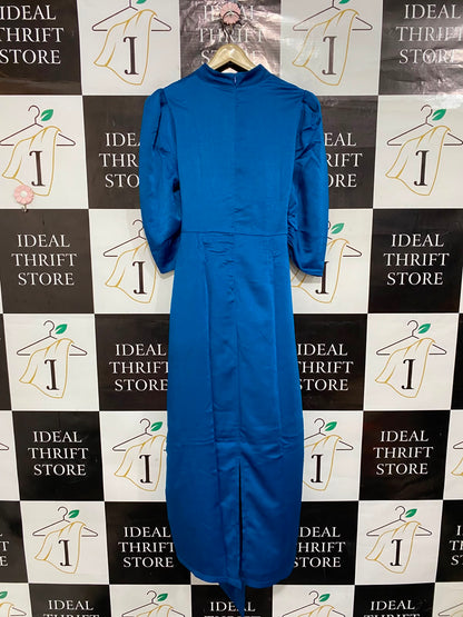 SHEIN |M| BUST 18| A23| ROYAL BLUE SATIN HIGH-NECK PUFF-SLEEVE TIE-WAIST MIDI DRESS | ELEGANT COCKTAIL DRESS