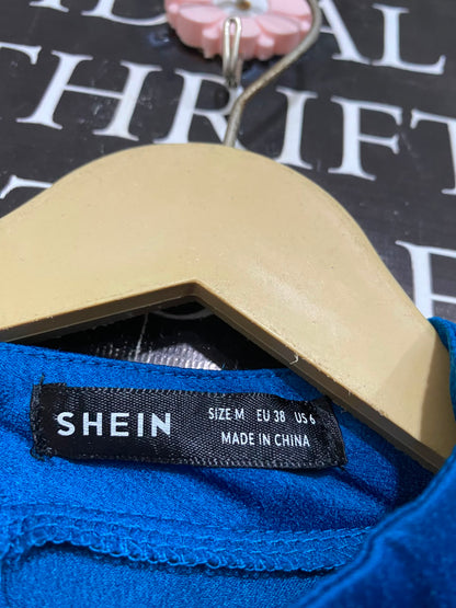 SHEIN |M| BUST 18| A23| ROYAL BLUE SATIN HIGH-NECK PUFF-SLEEVE TIE-WAIST MIDI DRESS | ELEGANT COCKTAIL DRESS