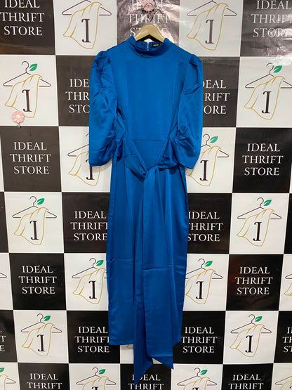 SHEIN |M| BUST 18| A23| ROYAL BLUE SATIN HIGH-NECK PUFF-SLEEVE TIE-WAIST MIDI DRESS | ELEGANT COCKTAIL DRESS