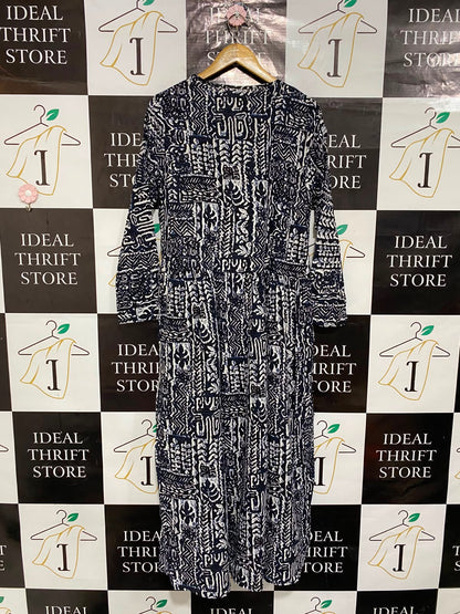 SHEIN |L| BUST 19| A23| NAVY BLUE AND WHITE TRIBAL AZTEC PRINT LONG-SLEEVE MAXI DRESS | CASUAL BOHEMIAN DRESS