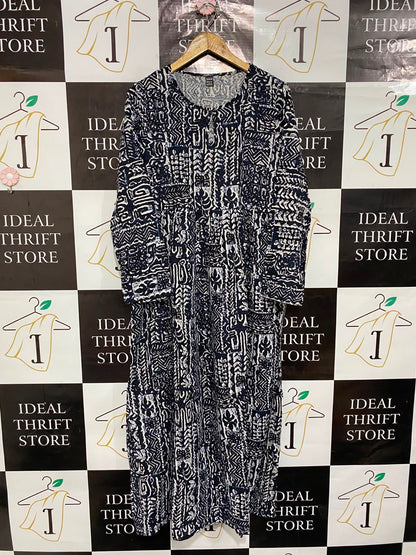 SHEIN |L| BUST 19| A23| NAVY BLUE AND WHITE TRIBAL AZTEC PRINT LONG-SLEEVE MAXI DRESS | CASUAL BOHEMIAN DRESS