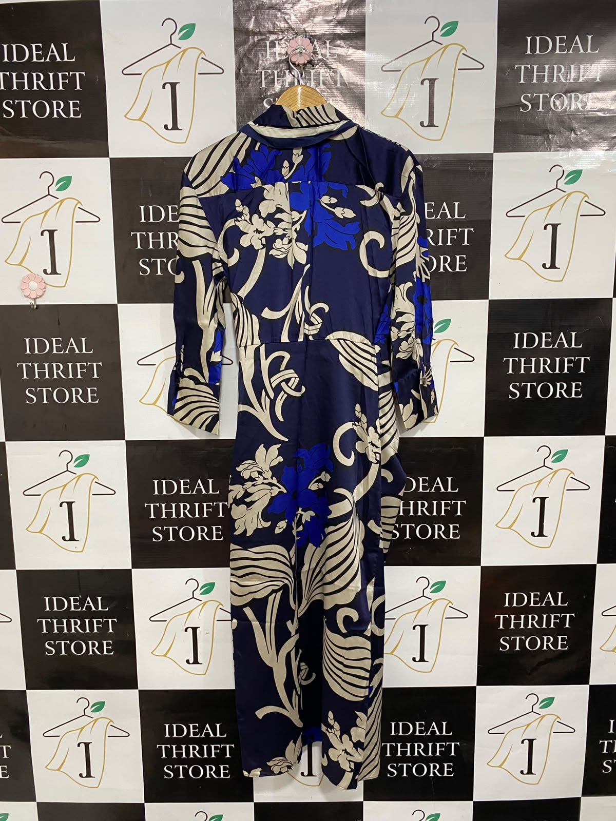 ZARA |S| BUST 17| A23| NAVY BLUE AND CREAM ABSTRACT FLORAL SHIRT DRESS | ELEGANT WRAP-STYLE MIDI DRESS