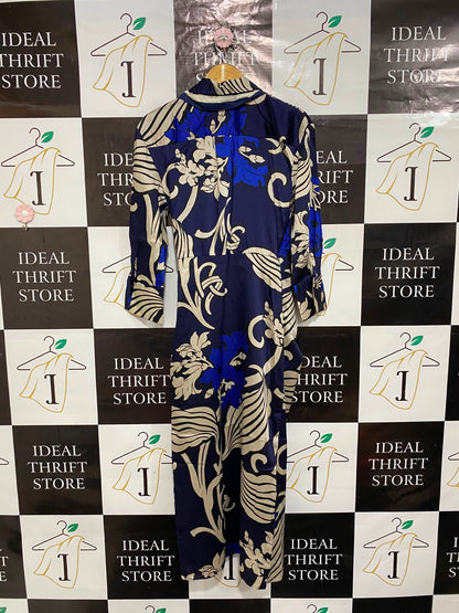 ZARA |S| BUST 17| A23| NAVY BLUE AND CREAM ABSTRACT FLORAL SHIRT DRESS | ELEGANT WRAP-STYLE MIDI DRESS