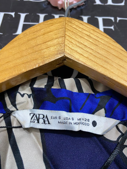 ZARA |S| BUST 17| A23| NAVY BLUE AND CREAM ABSTRACT FLORAL SHIRT DRESS | ELEGANT WRAP-STYLE MIDI DRESS
