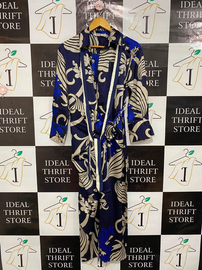 ZARA |S| BUST 17| A23| NAVY BLUE AND CREAM ABSTRACT FLORAL SHIRT DRESS | ELEGANT WRAP-STYLE MIDI DRESS