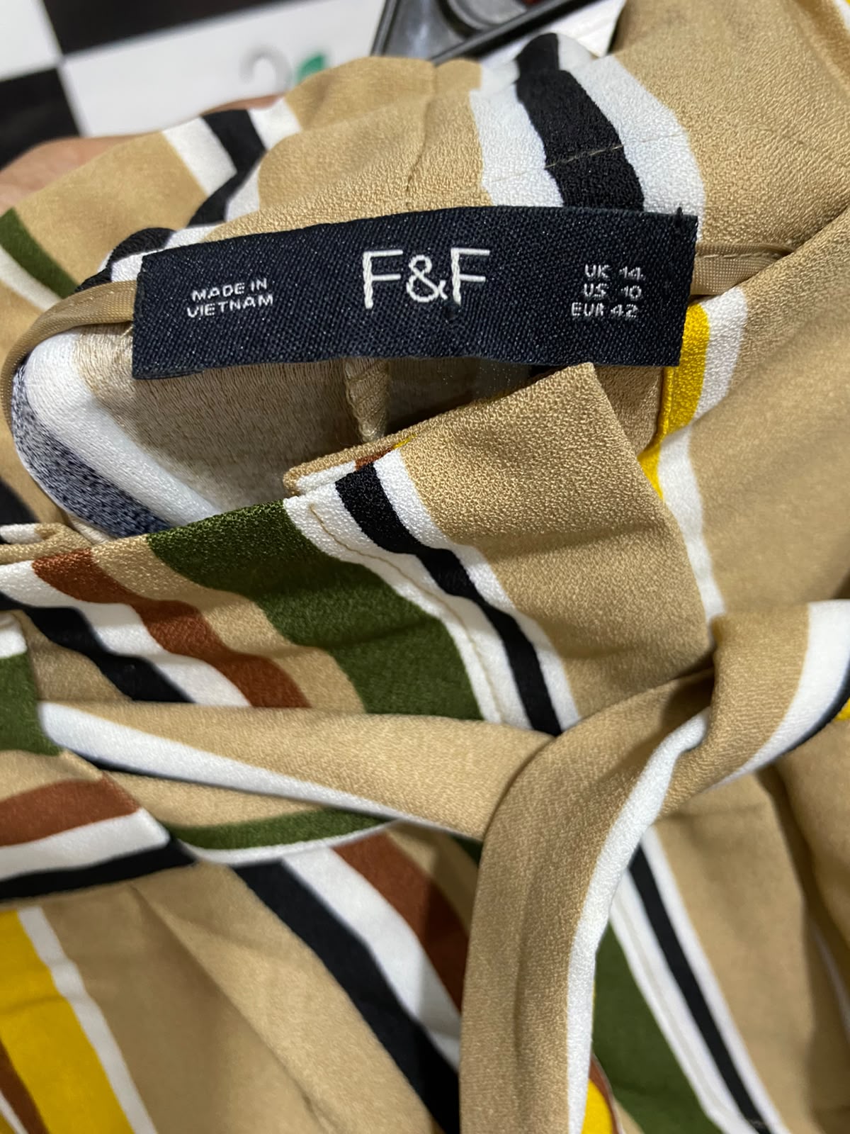 F&F |L| WAIST 32| A23| CAMEL MULTICOLOR STRIPED HIGH-WAIST WIDE-LEG PALAZZO TROUSERS