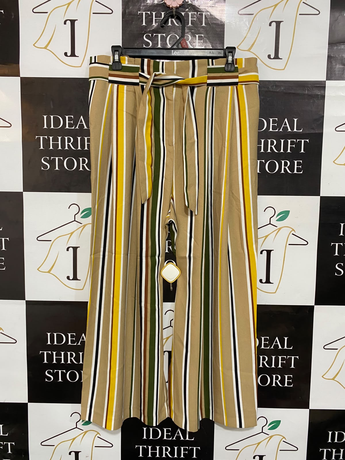 F&F |L| WAIST 32| A23| CAMEL MULTICOLOR STRIPED HIGH-WAIST WIDE-LEG PALAZZO TROUSERS