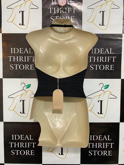 MESHKI |XS| BUST 15| A23| CLASSIC BLACK HALTER-NECK KEYHOLE RUCHED BODYCON BODYSUIT | ELEGANT SLEEVELESS EVENING TOP