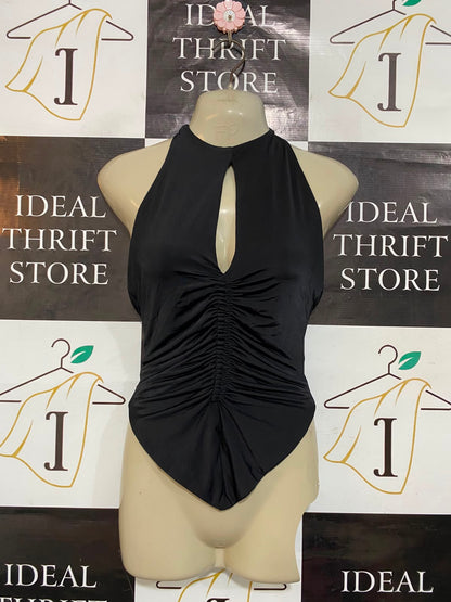 MESHKI |XS| BUST 15| A23| CLASSIC BLACK HALTER-NECK KEYHOLE RUCHED BODYCON BODYSUIT | ELEGANT SLEEVELESS EVENING TOP