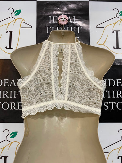 BRAS N THINGS |XS| BUST 15| A23| IVORY LACE HALTER-NECK SCALLOPED BRALETTE | ELEGANT SLEEVELESS CROP TOP