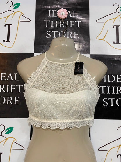 BRAS N THINGS |XS| BUST 15| A23| IVORY LACE HALTER-NECK SCALLOPED BRALETTE | ELEGANT SLEEVELESS CROP TOP