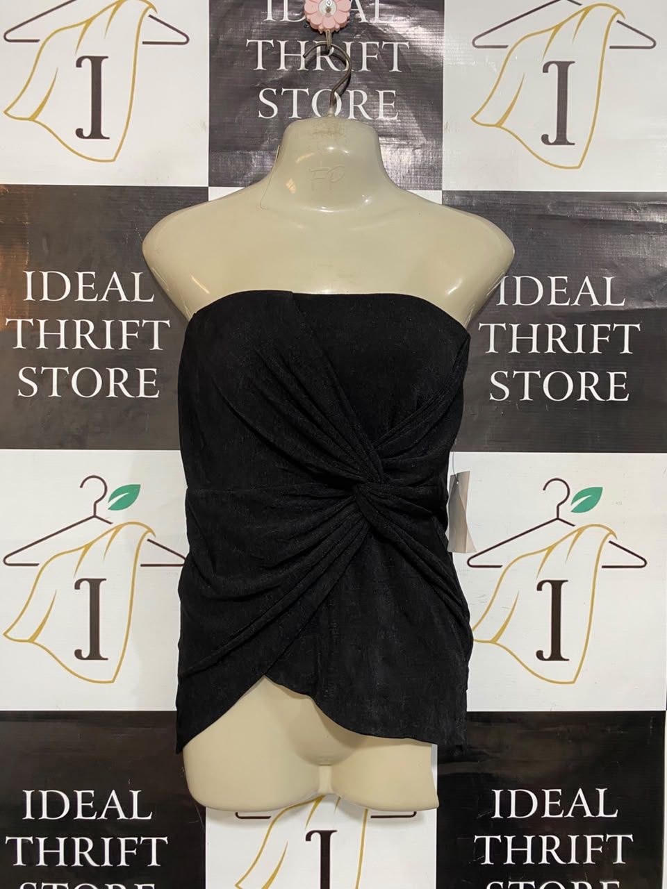BWLDR |S| BUST 15| A23| CLASSIC BLACK STRAPLESS KNOT-FRONT DRAPED TUBE TOP | ELEGANT ASYMMETRIC BLOUSE
