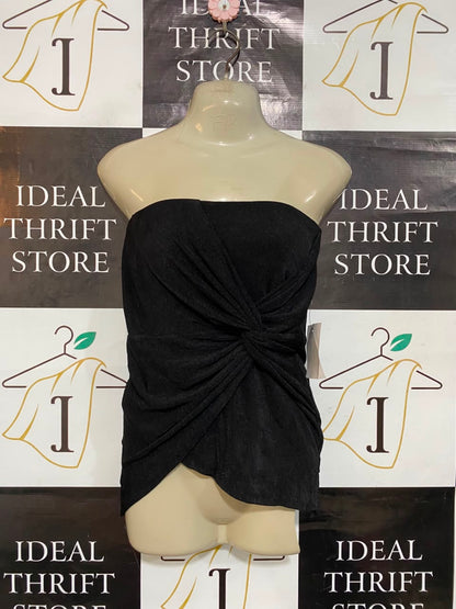 BWLDR |S| BUST 15| A23| CLASSIC BLACK STRAPLESS KNOT-FRONT DRAPED TUBE TOP | ELEGANT ASYMMETRIC BLOUSE