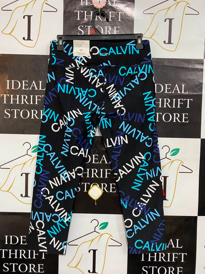 CALVIN KLEIN |M| WAIST 28| A23| BLACK ALL-OVER LOGO PRINT ATHLETIC LEGGINGS | PERFORMANCE WORKOUT PANTS