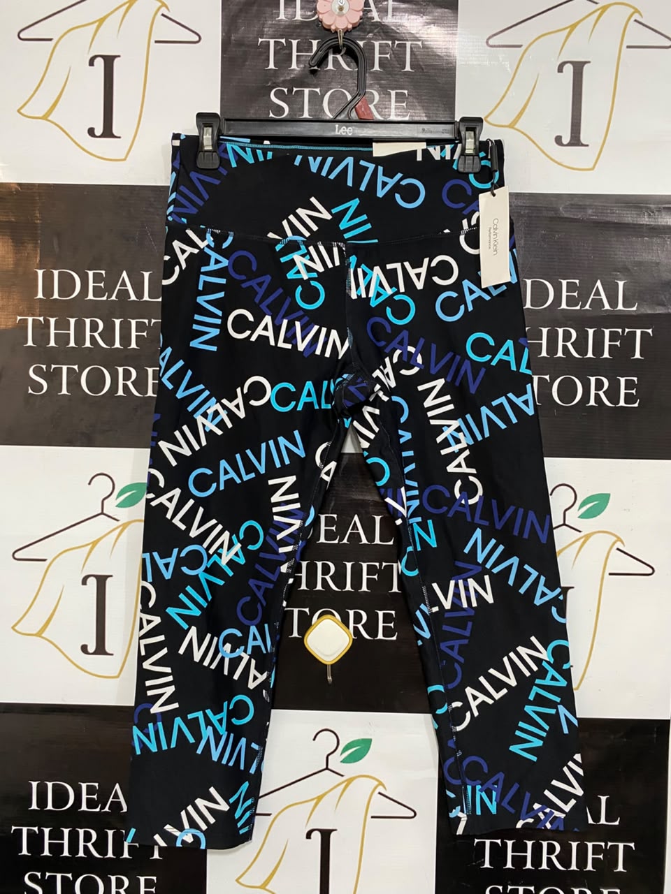 CALVIN KLEIN |M| WAIST 28| A23| BLACK ALL-OVER LOGO PRINT ATHLETIC LEGGINGS | PERFORMANCE WORKOUT PANTS
