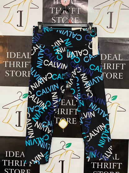 CALVIN KLEIN |M| WAIST 28| A23| BLACK ALL-OVER LOGO PRINT ATHLETIC LEGGINGS | PERFORMANCE WORKOUT PANTS