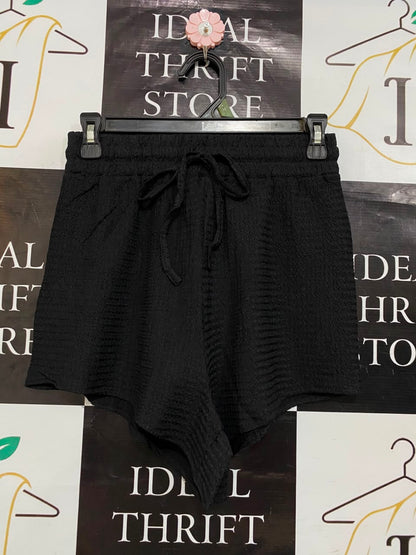 MISSGUIDED |S| WAIST 26| A23| CLASSIC BLACK TEXTURED DRAWSTRING CASUAL LOUNGE SHORTS | COMFORTABLE HIGH-WAIST BEACH SHORTS