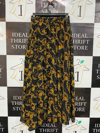 NEW LOOK |S| WAIST 26| A23| BLACK AND GOLD BAROQUE CHAIN PRINT HIGH-WAIST MAXI SKIRT | ELEGANT FLOWY LONG SKIRT