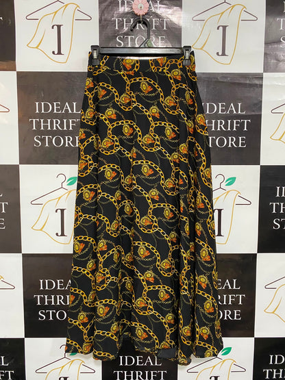 NEW LOOK |S| WAIST 26| A23| BLACK AND GOLD BAROQUE CHAIN PRINT HIGH-WAIST MAXI SKIRT | ELEGANT FLOWY LONG SKIRT