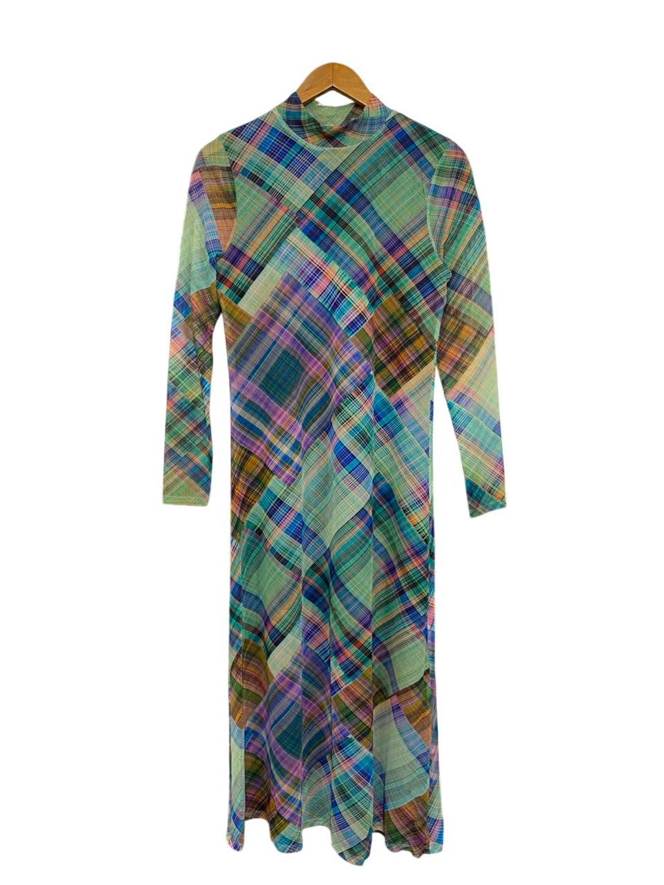 OASIS |M| BUST 17| A24| MULTICOLOR PLAID MOCK NECK MESH MIDI DRESS