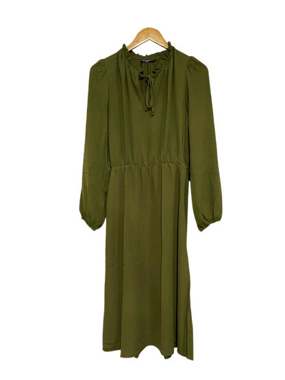 MARINA KANEVA |M| BUST 17| A24| OLIVE GREEN RUFFLE-NECK LONG-SLEEVE MIDI DRESS