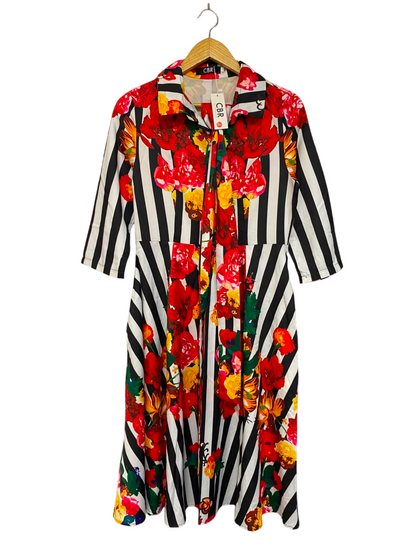 CBR |L| BUST 17| A24| BLACK AND WHITE STRIPE & RED FLORAL PRINT MIDI DRESS