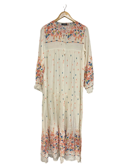 SAYGI |L| BUST 19| A24| CREAM AND CORAL FLORAL BOHEMIAN TIERED MAXI DRESS