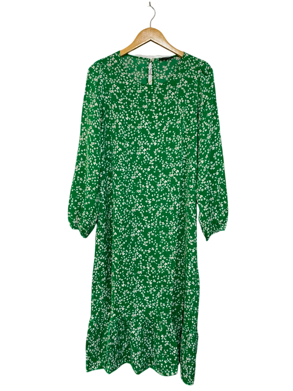 SHEIN |M| BUST 19| A24| EMERALD GREEN WHITE FLORAL PRINT LONG-SLEEVE MIDI DRESS