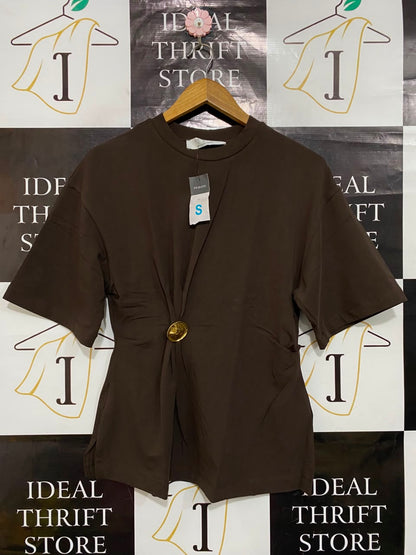 PRIMARK |S| BUST 17| A24| BROWN OVERSIZED T-SHIRT WITH GOLD-TONE WAIST RING ACCENT