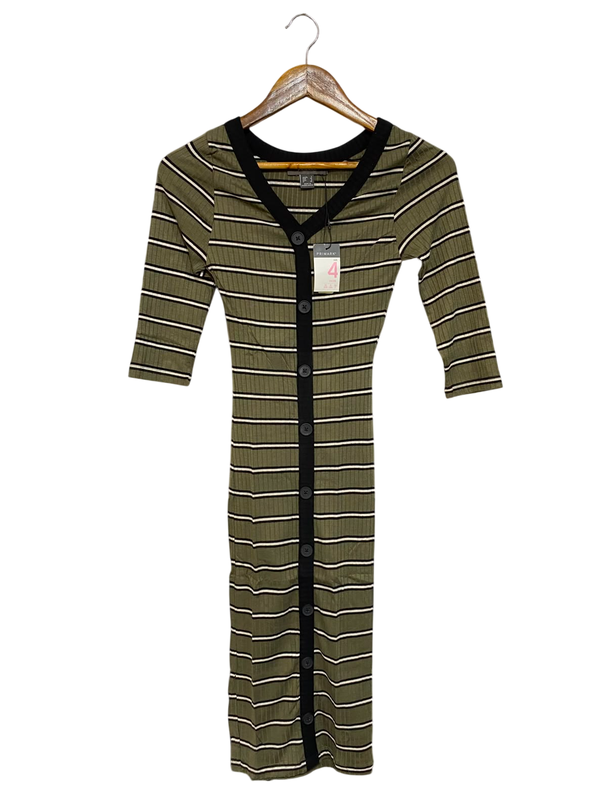 PRIMARK |XS| BUST 11| A24| OLIVE GREEN STRIPED RIBBED BUTTON-FRONT MIDI DRESS