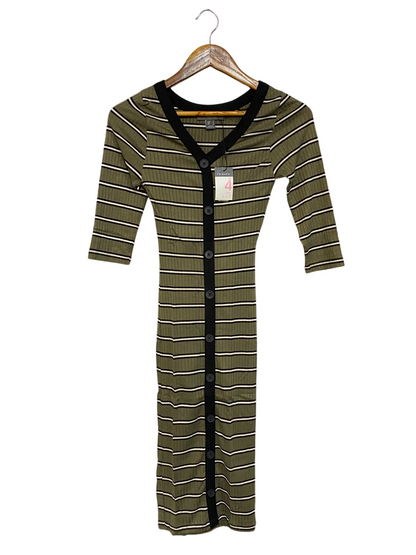 PRIMARK |XS| BUST 11| A24| OLIVE GREEN STRIPED RIBBED BUTTON-FRONT MIDI DRESS