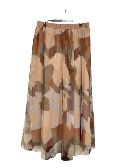SHEIN |XL| WAIST 32| A24| EARTH-TONE GEOMETRIC PRINT SHEER OVERLAY MIDI SKIRT