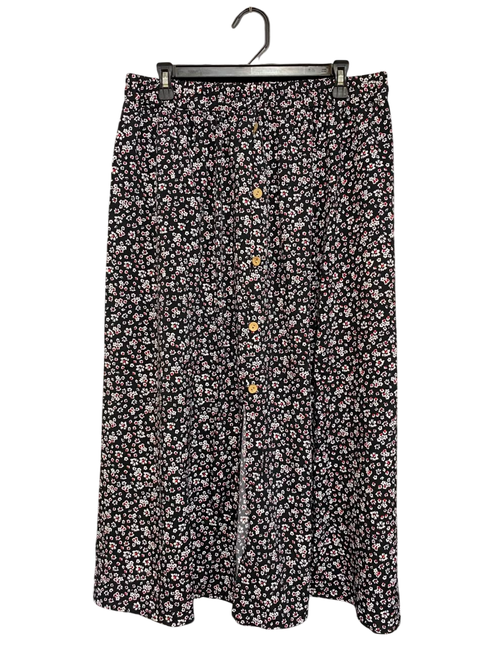 CURVZY |XL| WAIST 32| A24| BLACK DITSY FLORAL MIDI SKIRT WITH FRONT BUTTONS