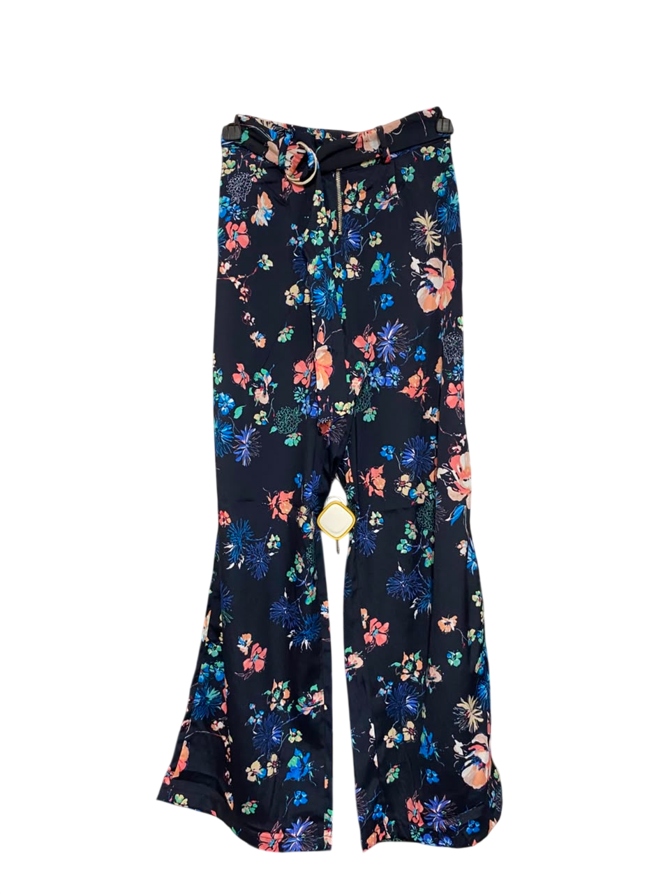 |XS| WAIST 23| A24| NAVY BLUE FLORAL PRINT BELTED WIDE-LEG TROUSERS
