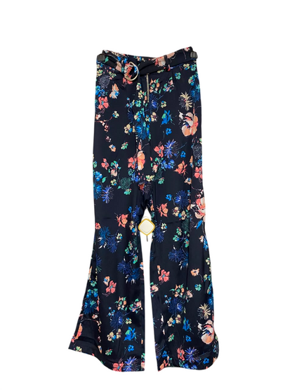|XS| WAIST 23| A24| NAVY BLUE FLORAL PRINT BELTED WIDE-LEG TROUSERS