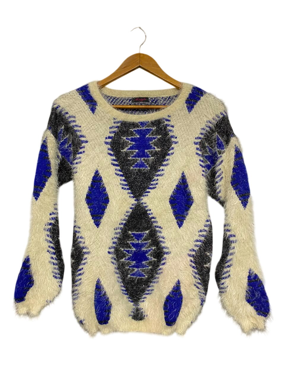 M STYLE |S| BUST 17| B43| OVERSIZED AZTEC-PRINT FUZZY KNIT SWEATER